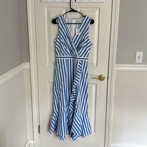 J. CREW blue and white striped summer dress with front ruffle detail